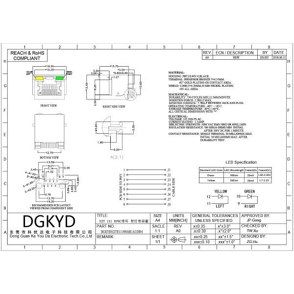 RJ45 vertical network interface direct insertion with light and shielding connector DGKYD52TE1188AB1A1DB4