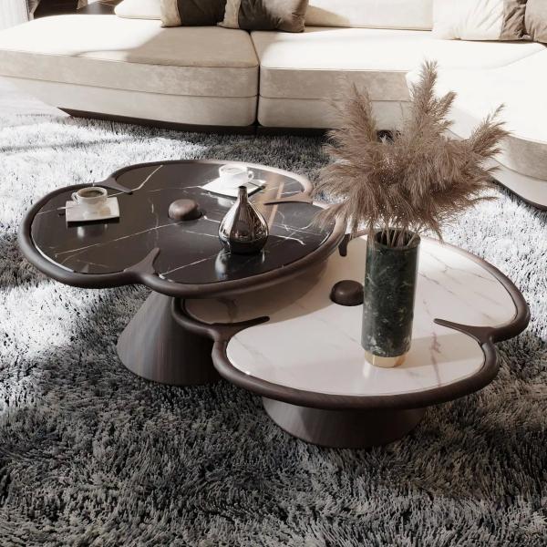 Wooden Round Marble Center Table For Living Room Clover Design