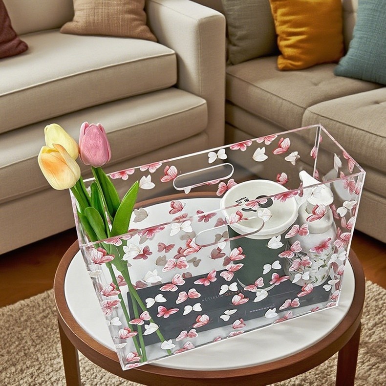 Fashion Pink butterfly Highly Transparent Acrylic Portable Storage Box for Household Item Organization
