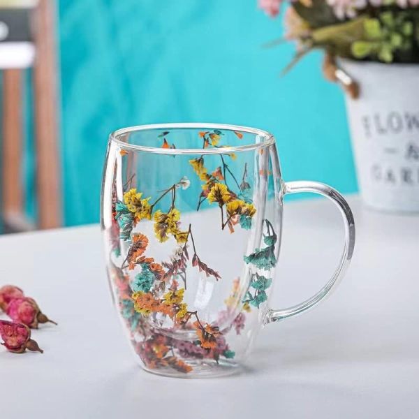 350ml 12OZ Heat Resistance Double Wall Coffee Cups With Dry Flower Transparent Color