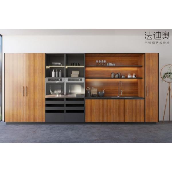 Elegant Double Line Stainless Steel Kitchen Cabinets With Black Sintered Stone Island