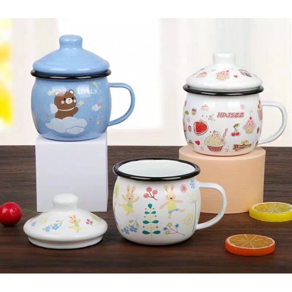 Handmade Customized Enamel Mugs Logo Printing Lovely Cartoon Kids Water Milk Mugs