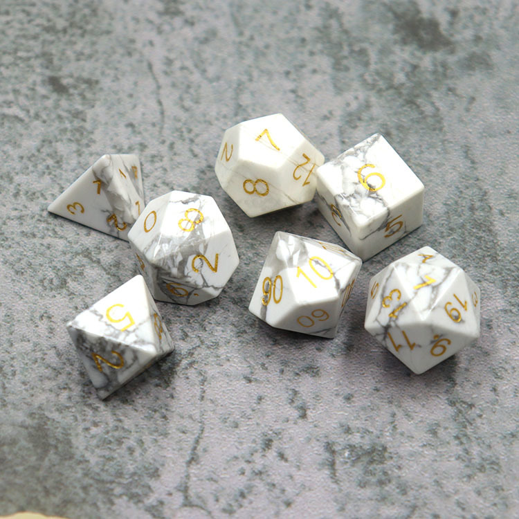 Natural Howlite Gemstone Polyhedral Dice Set - Hand Carved DND Dice with Golden Ink Engraved Numbers