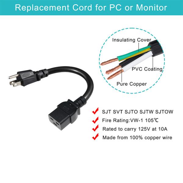 NEMA 5-15P to IEC C19 Power Cable 250V 10A Male to Female