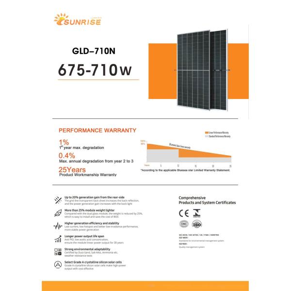 710W N-Type Mono Module with 210mmx210mm Cell Size Sunrise Bifacial PV Panel GLD-710N