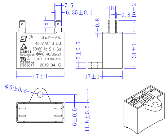 Моторный конденсатор CBB61 450V 4.0UF 40 / 85 / 21 Передний багаж 10000 часов