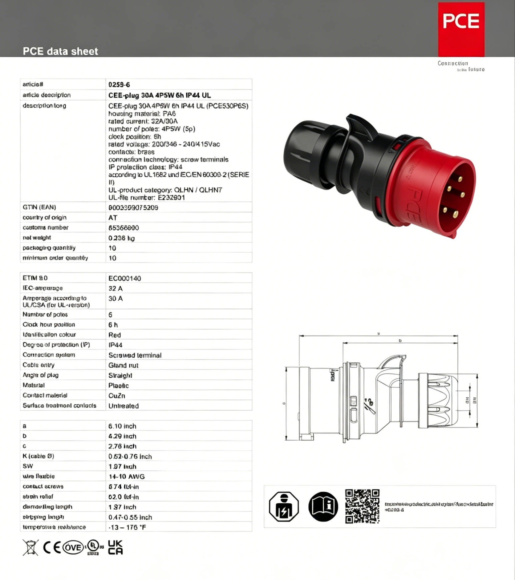 PCE Industrial Plastic Plug and Socket American Standard for Specification-415V-30A-5-Core (4P5W)-IP44-1 Outlet