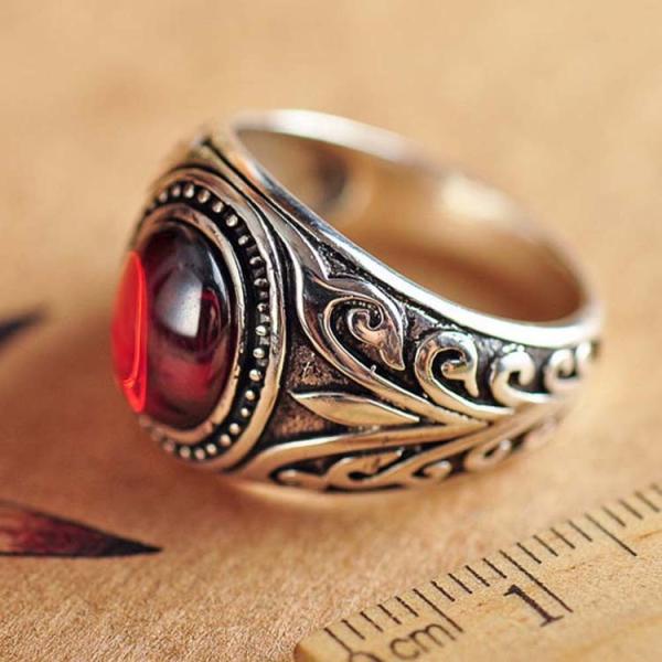 Mens Sterling Silver Retro Ring with Oval Created Garnet (XH037009RED)