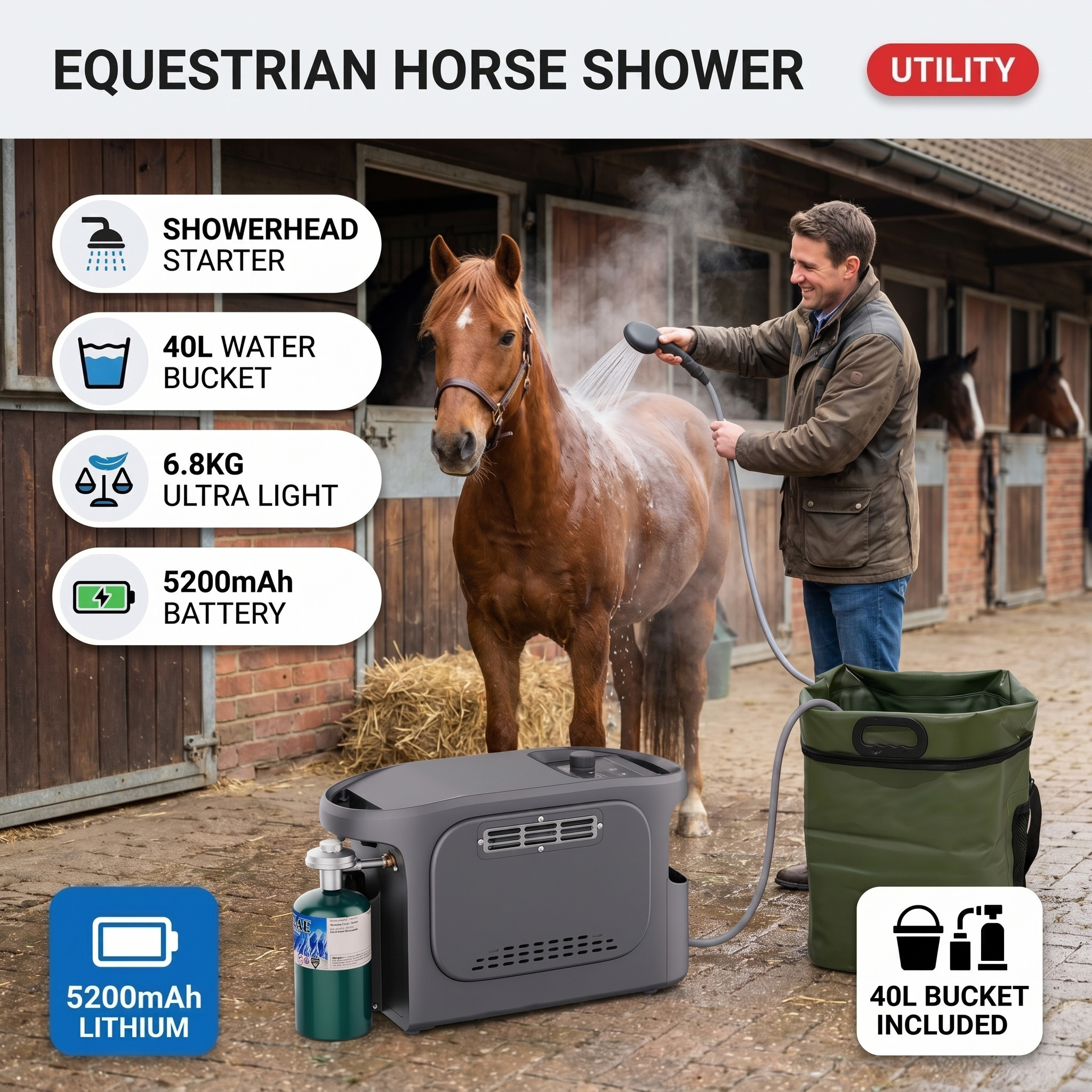 5200mAh Rechargeable Equestrian Horse Shower Module 6kW Heat Load for Stables
