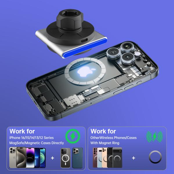 Rotation à 360 degrés Magsafe Car Mount Ultra-fin de conception Matériau métallique 9 couleurs RGB effet de lumière Chargement rapide