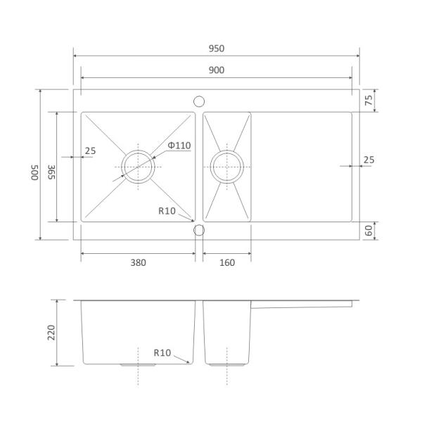 38inch Brushed Top Mount Kitchen Sink 16 Gauge Double Bowl 95x50