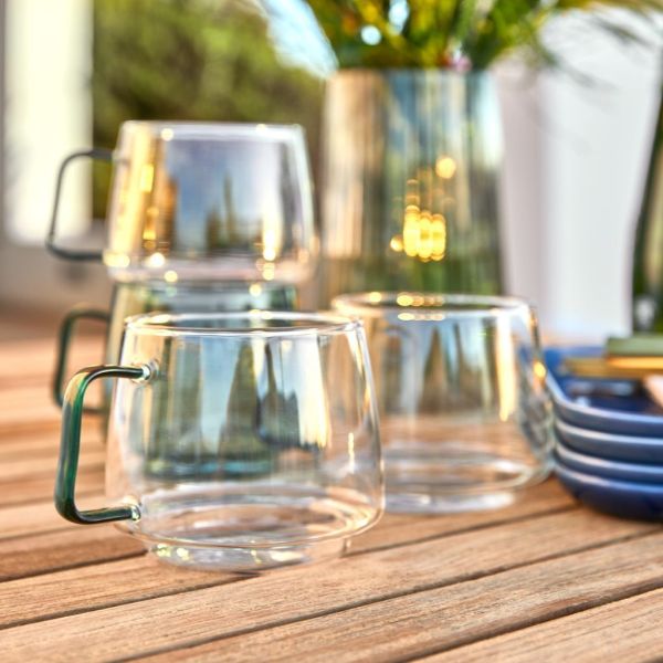 OEM Drinking Glass Tea Cup High Borosilicate Glass Mug With Fully Colored Handles