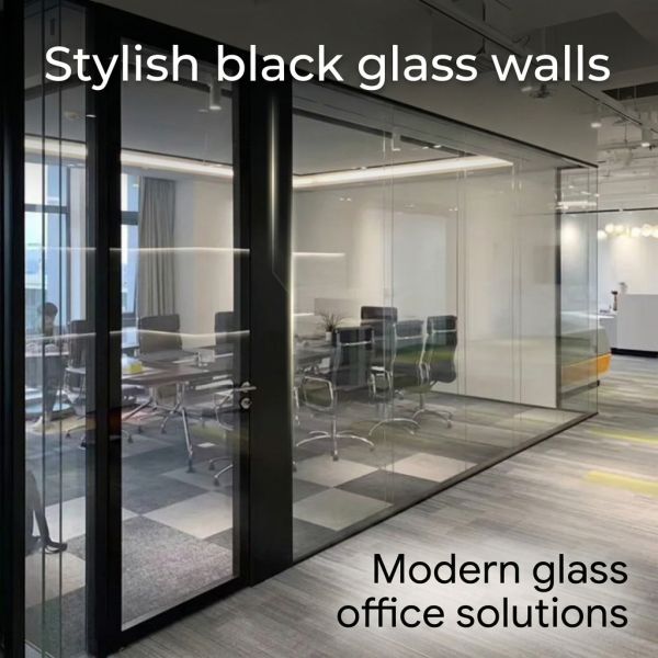 Aluminum Frame Office Partition Walls Black Thickness 100mm Glass Office Walls