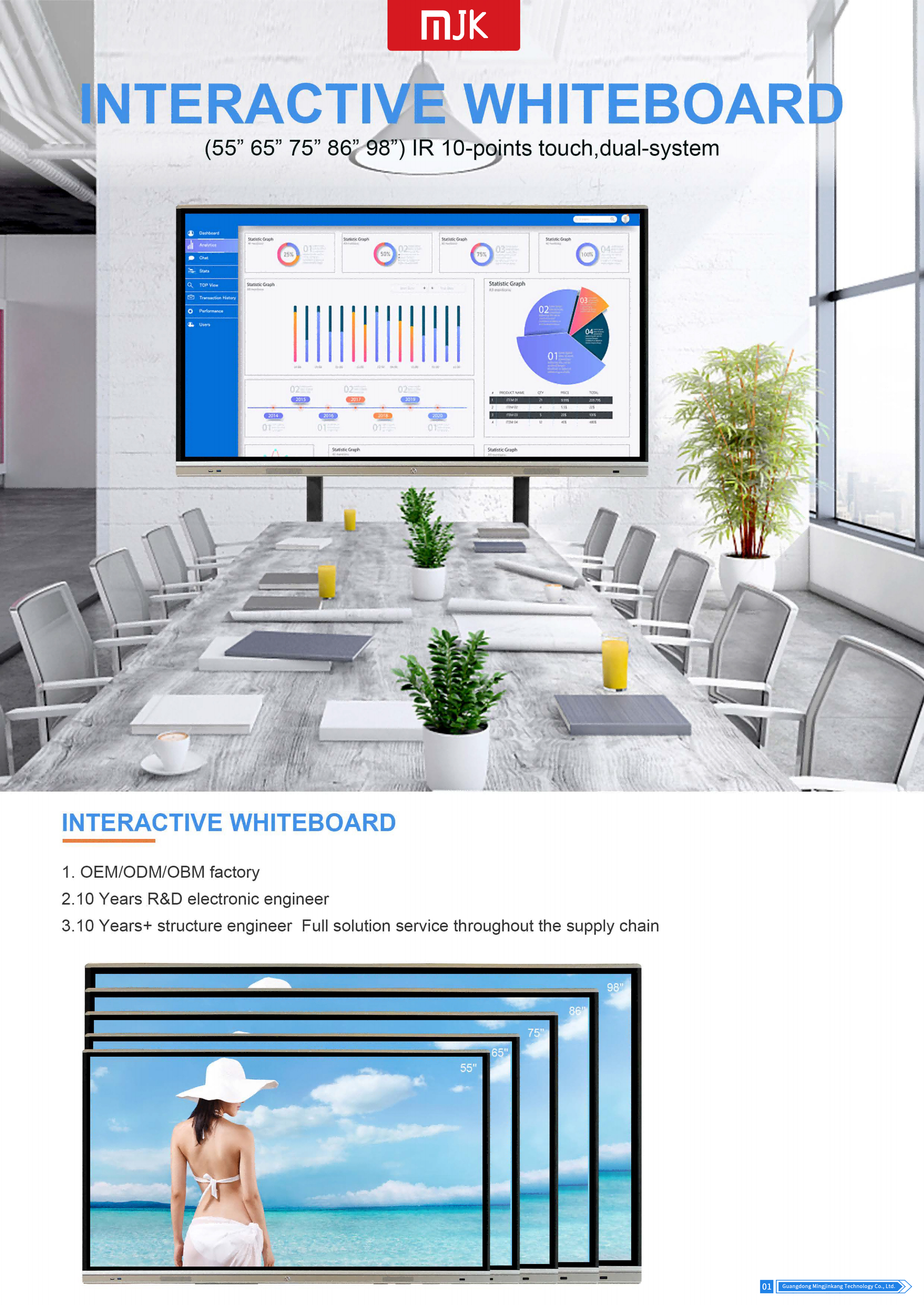 MJK 55 Inch OEM Interactive Whiteboard Durable Full Color 1080p HD Display 1 Year Indoor Use Infrared Touch for School Education