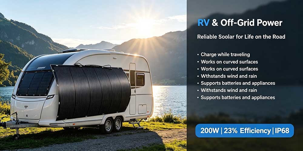 200W Curved‑Surface Flexible Solar Panel, Reliable Off‑Grid Solar Power for RVs, Boats, Balconies & Emergency Supply