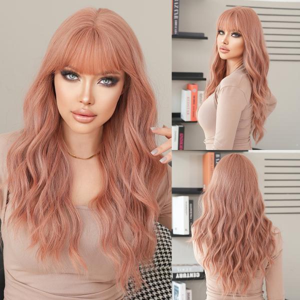 Fashion Long Body Wave Hair Pink Synthetic Wigs For Women