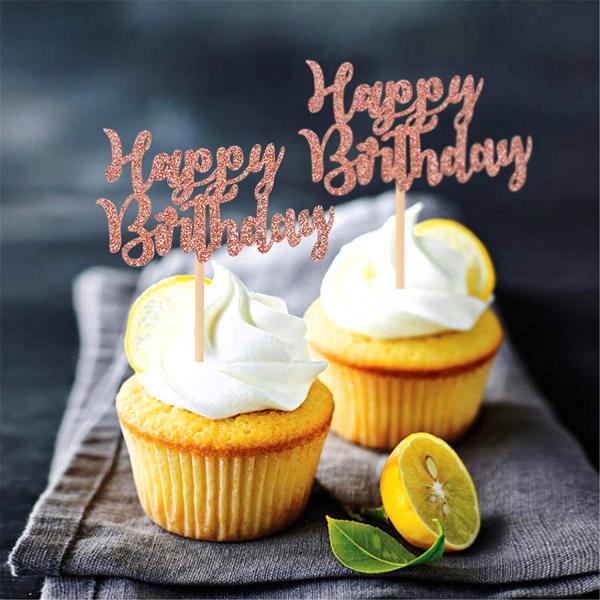 Rose Gold Glitter Happy Birthday Paper Cupcake Topper