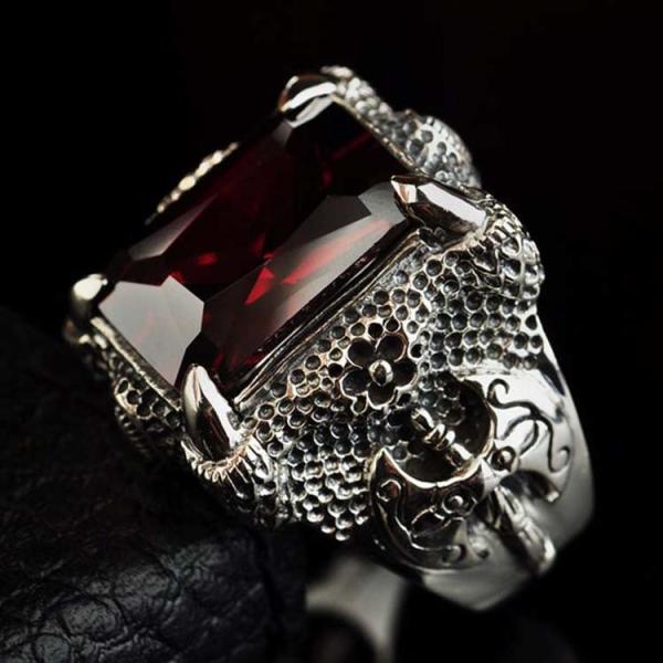 Mens Thailand Retro Dragon Sterling Silver Ring with Created Garnet(023605WRED)