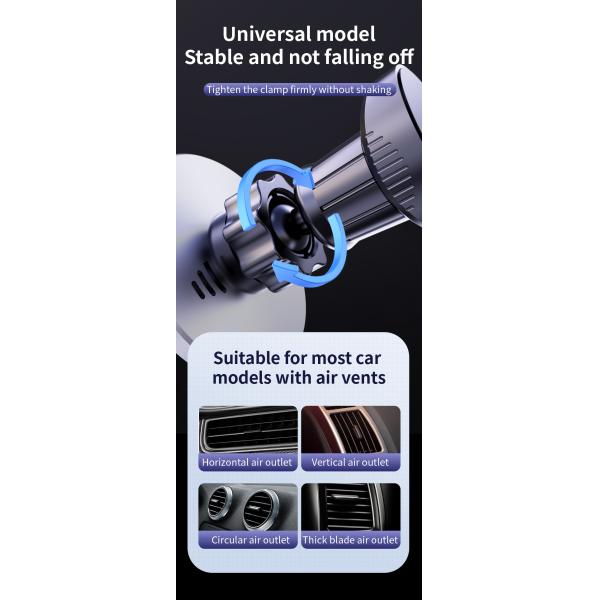 15W Magnetic Car Holder with Magnetic Wireless Charging Silver/Grey Color
