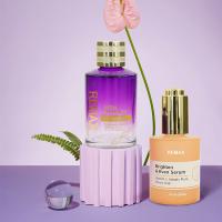 Garrafas funcionais de 30 ml e 70 ml de gotas cosméticas em roxo e laranja fosco