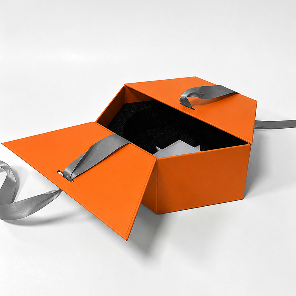 Rigid Custom Gift Boxes Hexagonal Shape with Ribbon Closure