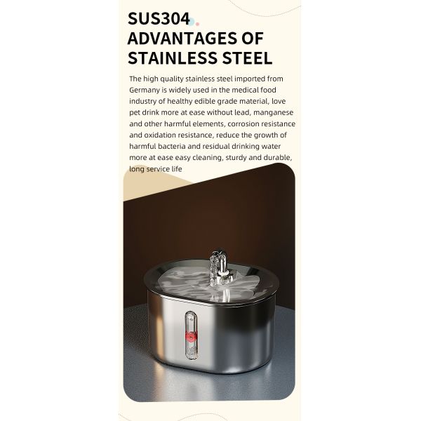 2.5L 304 Food Grade Stainless Steel Eco-Friendly Automatic Pet Water Feeder 5V Filtration Purification Mute Drinking Fountain