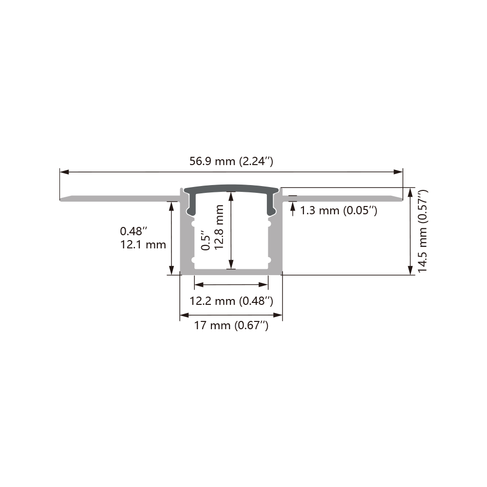 Profil LED encastré en aluminium 3M avec dimensions L57,0 × H14,5 mm et largeur de PCB jusqu'à 12,0 mm pour montage encastré