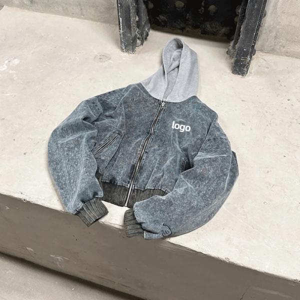 Impression personnalisée Laver à l' acide Hoodie gris Applique couture Denim Coupe de pierre Hoodie lavée