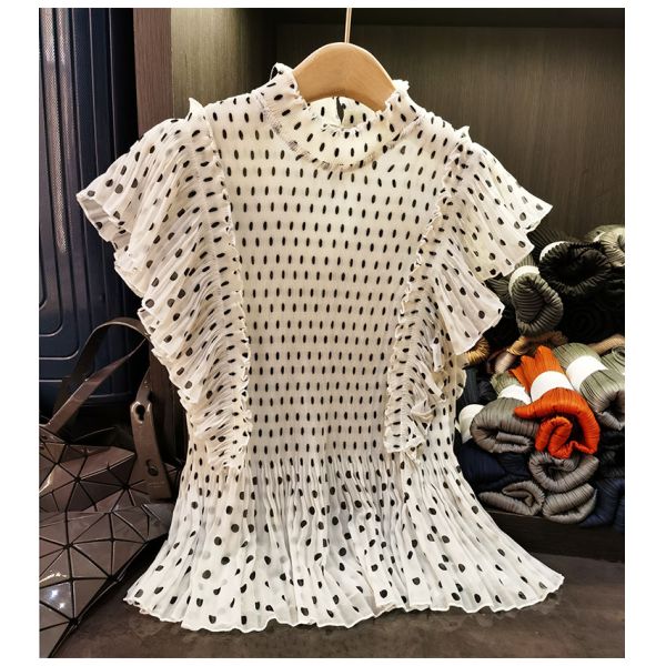 French-Style Elegant Short-Sleeve T-Shirt High-End New Summer Age-Reducing Lightweight Top Polka-Dot Print Lotus Leaf Hem Loose