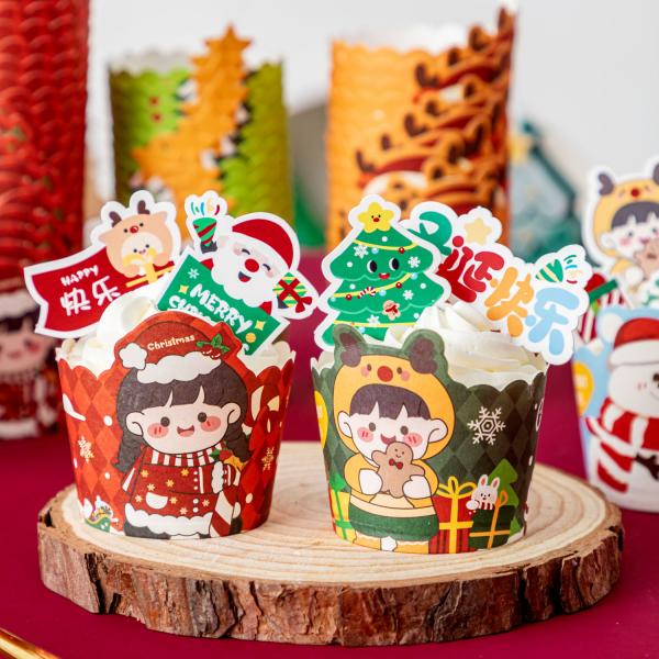 Envuelturas de pasteles de Navidad Papá Noel hombre de nieve renos Comida segura Tazas de hornear Fiestas festivas Fiesta Decoración de postre