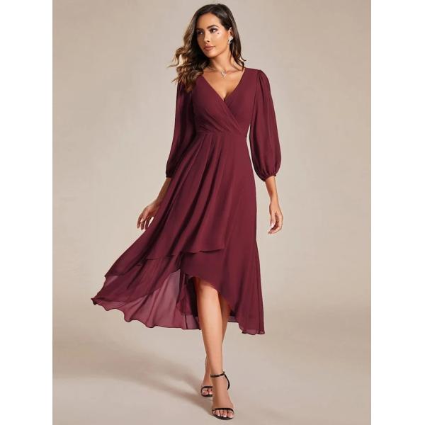 Elegant Empire Long Sleeve V-neck High Low A-line Ruffled Midi Burnt Orange Chiffon Wedding Guest Cocktail Dress