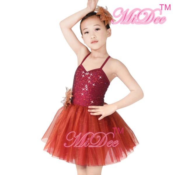 Kids Ballet Dance Costumes Spandex Dress With Sequin Top / Multi - layer Skirt
