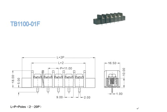 Тангаж 11.00mm 300V 30A 2 терминального блока барьера - блок силы 20P терминальный