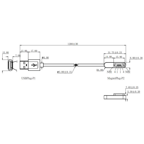 Rectangle Magnetic USB Connector Male Magnetic Connector 4 Pin With OD3.0 PVC cable