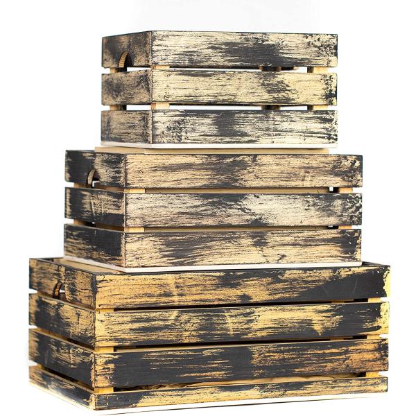 Set of 3 Small Mini Wood Storage Crates with Handles Rustic Finish Printing Burned