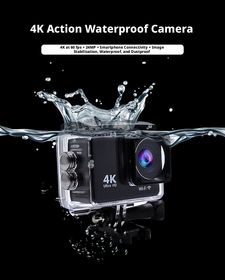 DLC 4K 60FPS 30M Waterproof Sports Cam EIS Stabilizer 2 Inch Display 170 View WiFi Control Wrist Remote Dual Dash Cam Outdoor