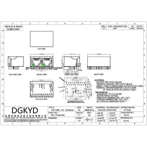 1000 BASE ganged 2 Port cat6 RJ45 Modular Jack with internal transformer RoHS compliance