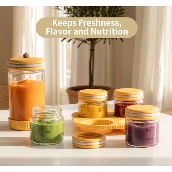 IKOO Glass Baby Food Containers with Silicone Lids, Small Baby Food Storage Jars with Tray Freezer, Fridge, Microwave and Dishwasher Safe