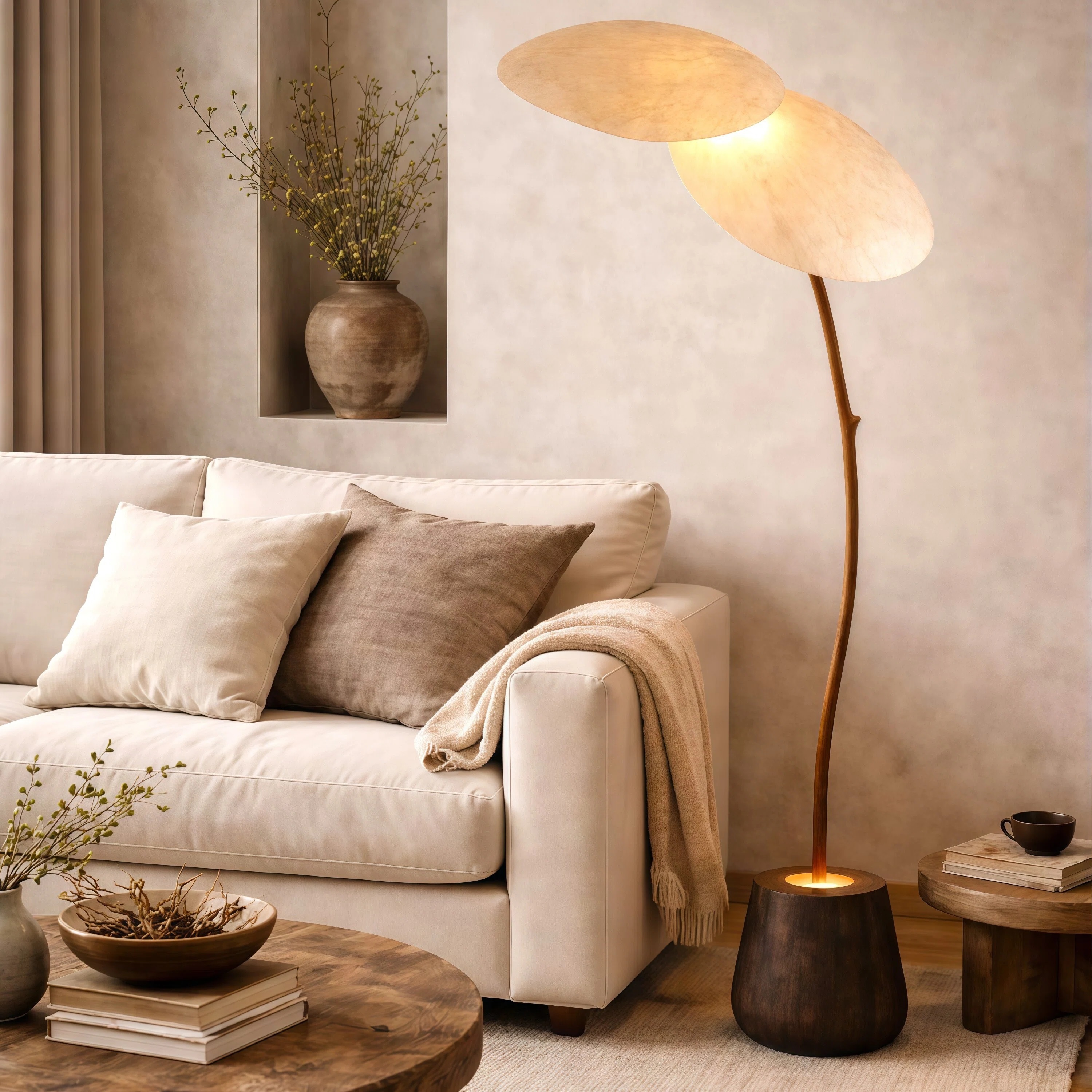 JYLIGHTING Wabi‑Sabi Curved Wood Fabric Shade Floor Lamp, Dual‑Shade Standing Ambient Light for Sofa Side, Villa and Upscale Residential Projects