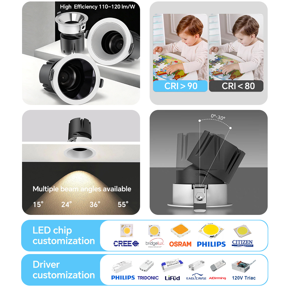 Anti-Glare COB Recessed LED Spot Downlight Optical Lens,15-55° Beam Angle,0-30° Adjustable Illumination,110Vac 5CCT DIP & 200-240VAC Dimmable Recessed Spotlight