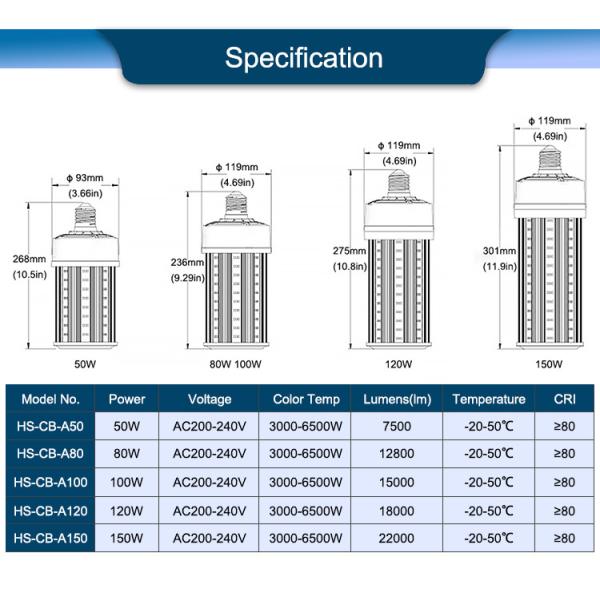 Экологически чистые светодиодные кукурузные лампы Алюминиевые E40 кукурузные лампы 50W-150W