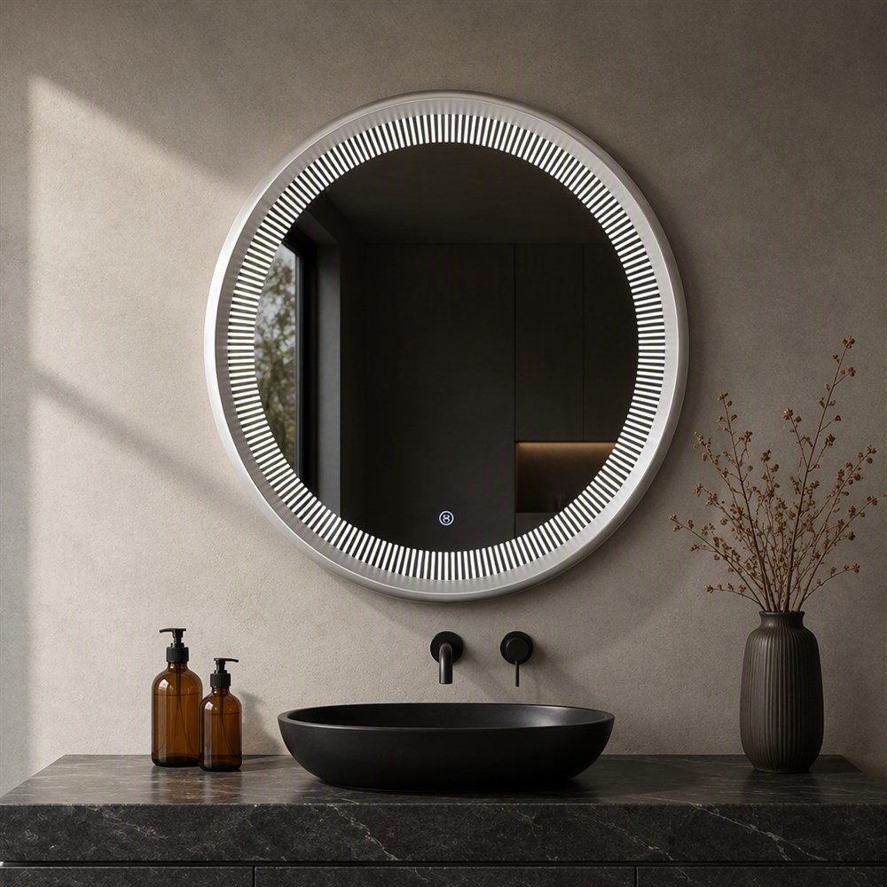 Round Ribbed Textured LED Wall Mirror with Dimmable Touch Control and IP44 Waterproof 5MM Copper-free Silver Mirror