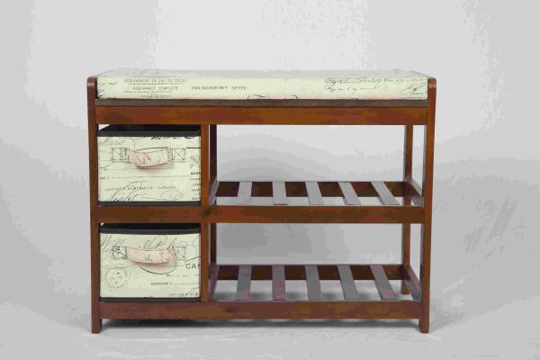 Walnut Classical Modern Wood Furniture Shoe Storage Bench Seat With 2 Fabric Drawers