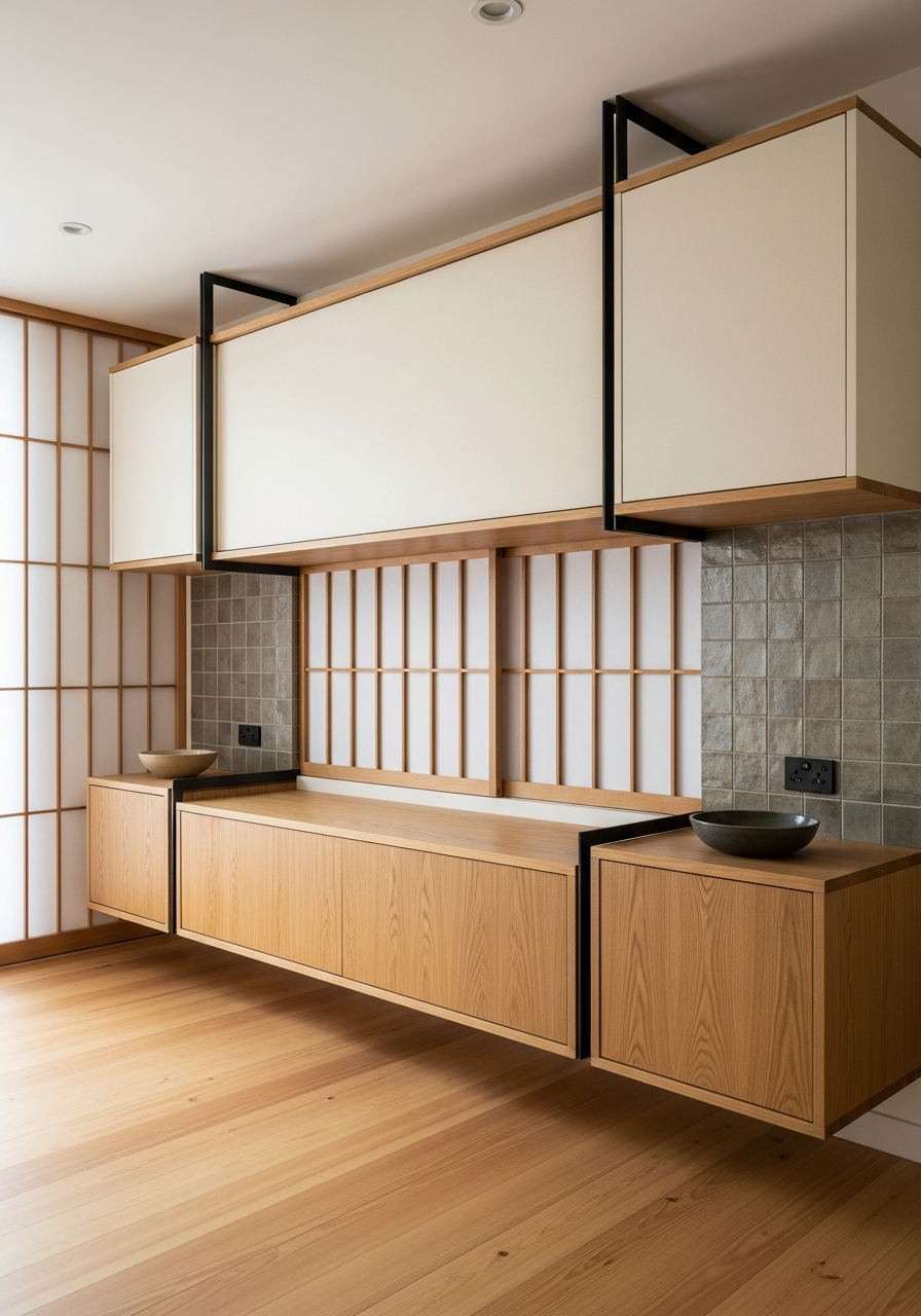 Japandi Oak Media Console with Shoji Screens in 304 Stainless Steel