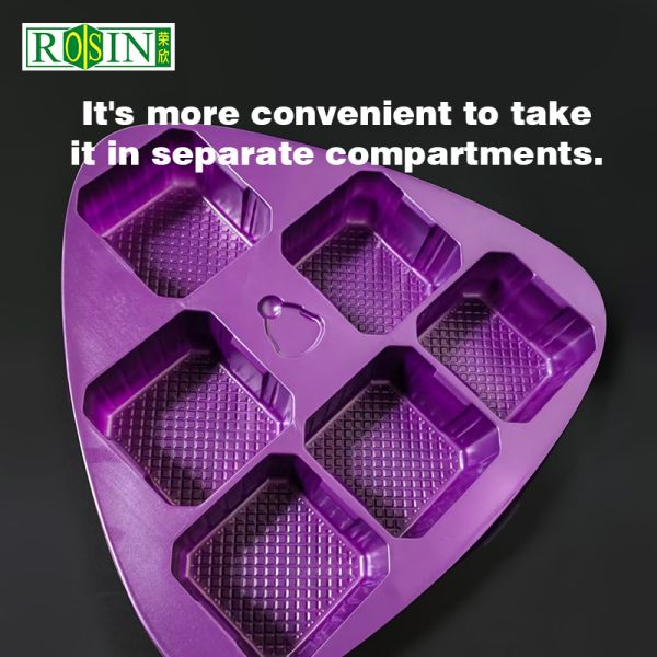 Customized triangular insert tray dedicated for dried fruit bottles square purple PP vacuum formed grid tray