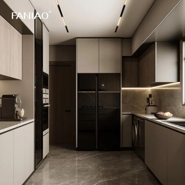 Оптовая продажа Белый современный дизайн кухни в форме U Меламинные шкафы для кухни Деревянные виллы