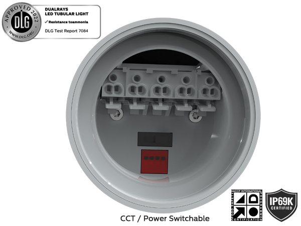 1.5m 60W IP69K IK10 MTB7 Marine LED Tubular Light for Docks and Passageways with 3 or 5 wiring-through linkable and DIP Switchable Power/3CCT/3-Phase Changing