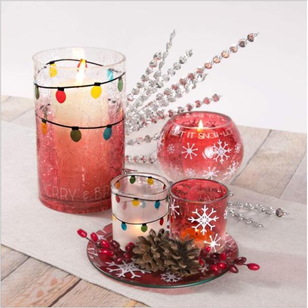 Red Christmas glass votive candle holder with white snow for Christmas decor ornament