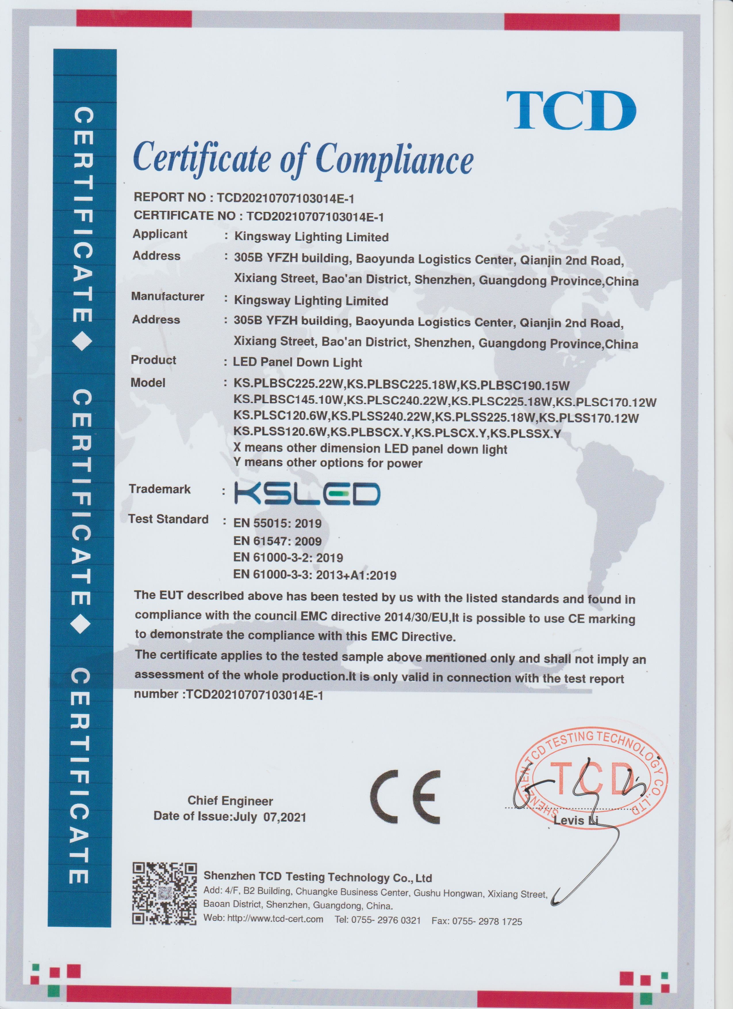KINGSWAY LIGHTING LIMITED Certifications