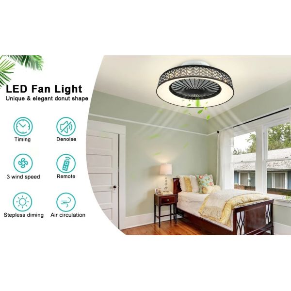 Kitchen Bedroom Living Room Timing Invisible Blades 57cm Dimmable fabric LED Ceiling Fan with Light(WH-CLL-72) ﻿